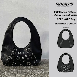 Puede incluir: Bolso hobo de cuero negro con un asa grande y ojales plateados. El bolso tiene forma redondeada y una gran abertura. La imagen también muestra un patrón de costura PDF con instrucciones ilustradas para un bolso hobo con cordones, disponible en dos opciones.