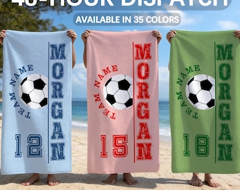 Aangepaste sportteam strandlaken, gepersonaliseerde voetbalclub strandlaken, sportwedstrijd geschenken, zomervakantie zwembadhanddoek, verjaardagscadeaus