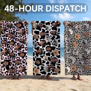 May include: Three beach towels with unique patterns are held up on a sandy beach. One towel has a pink leopard print with faces, another has a black and white cow print with faces and pets, and the third has a leopard print with pets.