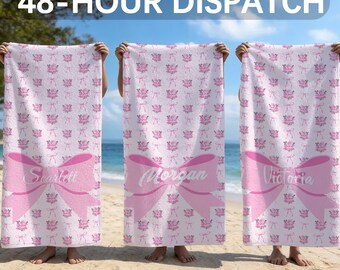 Personalized Floral Bow Pool Towel, Custom Name Beach Towel, Girl Floral Swim Towel, Kids Bath Towel, Summer Vacation Towel, Birthday Gift