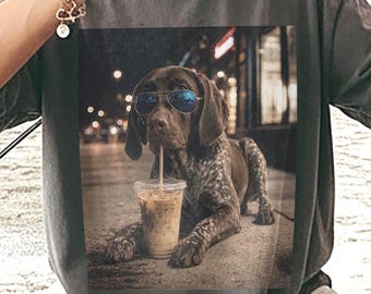 German Shorthaired Pointer Drinking Iced Coffee PNG Instant Download, GSP Dog Lover Shirt, Funny Dog Meme Graphic