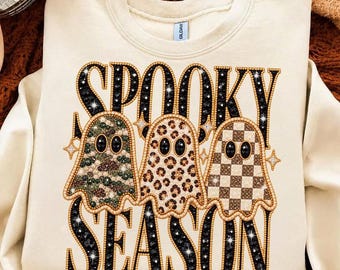 Faux Rhinestone Spooky Season Sweatshirt, Sparkly Leopard Ghost Comfort Colors Shirt, Camo Ghost Tee, Checkered Ghost Crewneck