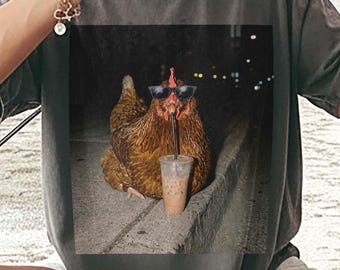 Chicken Drinking Iced Coffee PNG Digital Download, Chicken Mom Shirt Designs, Funny Animal Graphic Tee