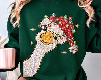 Faux Rhinestone Goose Christmas Sweatshirt, Sparkly Christmas Goose Comfort Colors Shirt, Funny Goose Graphic Holiday Sweater