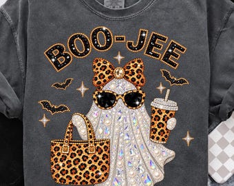 Faux Rhinestone Boo-Jee Ghost Comfort Colors Shirt, Sparkly Leopard Ghost Sweatshirt, Girly Ghost Coffee Tee, Funny Fall TShirt