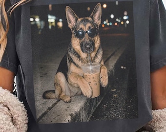 German Shepherd Drinking Iced Coffee PNG Digital Download, Dog Lover Shirt Designs, Funny Dog Meme Tee