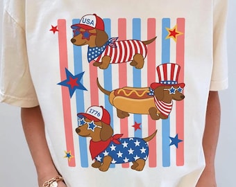 Patriotic Dachshund PNG Digital Download, Usa Wiener Dog Shirt Designs, 4th Of July Red White Blue Doxie Tee
