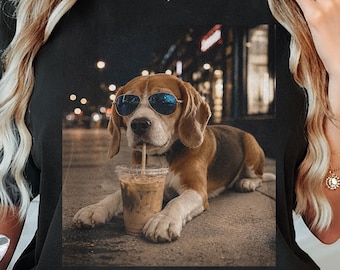 Beagle Drinking Iced Coffee PNG Instant Download, Beagle Lover Shirt Designs, Funny Dog Meme Graphic
