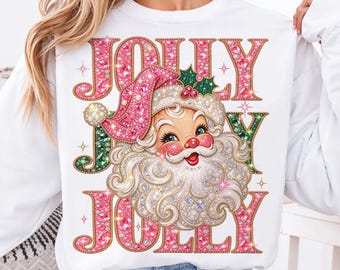 Faux Rhinestone Jolly Santa Sweatshirt, Sparkly Christmas Comfort Colors Shirt, Pink Santa Women’s Holiday Tee