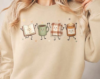 Book Lover Fall Sweatshirt, Book Coffee Blanket Doodle Friends Tee, Fall Reading Sweater, Librarian Gift