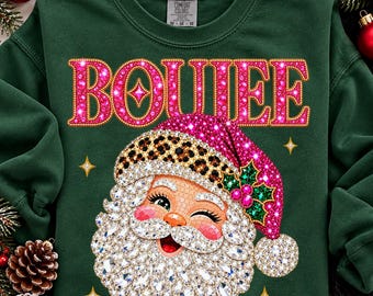 Faux Rhinestone Boujee Christmas Sweatshirt, Sparkly Santa Comfort Colors Shirt, Glam Leopard Santa Tee, Funny Women’s Holiday TShirt