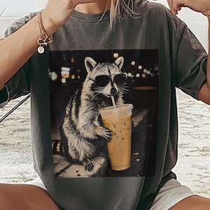 Raccoon Iced Coffee PNG Digital Download, Coffee Lover Shirt Designs, Funny Raccoon Meme Tee
