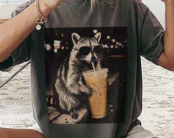 Raccoon Iced Coffee PNG Digital Download, Coffee Lover Shirt Designs, Funny Raccoon Meme Tee