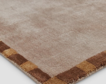 Marrin Modern Hand-Tufted Ivory New Zealand Wool Area Rug 8x10 Border Checked, Neutral Geometric Vintage Style Persian Inspired Rug