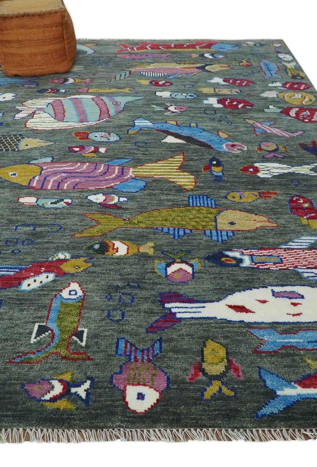 Turkish Handmade Fish Rug Afghan Fish Design Rug, 10.2x6.6 Handmade Wool Rug, Vegetable Dyes Grey ...