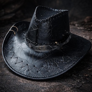 Custom Cowboy Hat Faux Leather Biker Hat Handmade One of a Kind Western Hat Skull Pin Edgy Festival Hat