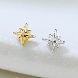 May include: A pair of star-shaped stud earrings. One earring is gold-colored, and the other is silver-colored. The earrings are small and have a multi-pointed design, resembling a compass rose or a starburst. They are set against a white background.
