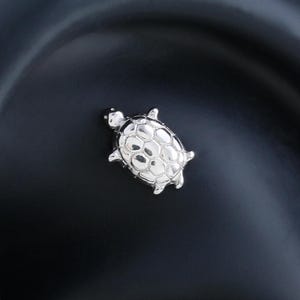 May include: A small, silver-colored turtle-shaped earring stud. The turtle has a detailed shell design and is set against a black background. The earring is likely made of metal and is designed to be worn in a pierced ear.