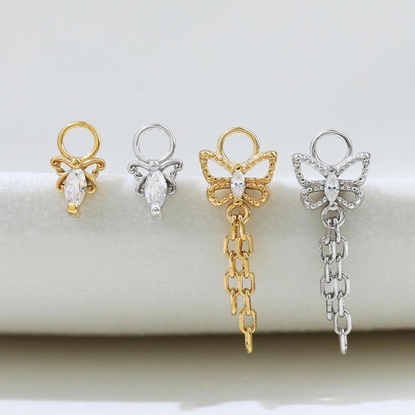 Butterfly Teardrop Cubic Zircon Charm Dangle Hoop Piercing Jewelry in Sterling Silver By TinyRadiant