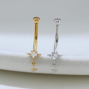 Starburst CZ Internally Threaded Dangle Belly Navel Ring, Rook Piercing Jewelry 14G in Sterling Silver by TinyRadiant
