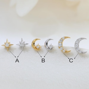 Dainty Star & Moon Helix Cartilage Push Back Internally Threaded Stud Piercing in Sterling Silver