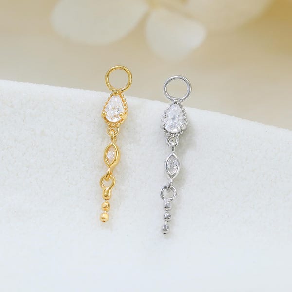 Colgante con cadena en forma de lágrima, dije de circonita cúbica para piercing Helix Rook en plata de ley