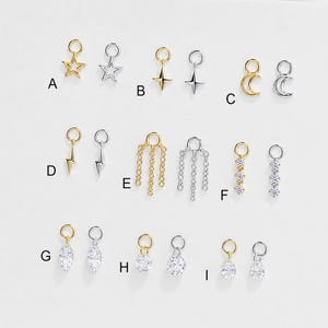 Dainty Earring Charm Set Drop Star Moon Chain CZ Dangle Charms in Sterling Silver By TinyRadiant