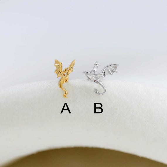 Mismatched Flying Dragon Helix Cartilage Push Back Earring Threaded Stud Piercing in Sterling Silver By TinyRadiant
