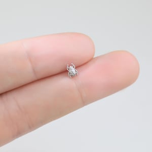 May include: A tiny silver-toned beetle stud earring with a metallic finish and intricate textured detailing on the shell and legs. The small insect-shaped piece features a rounded body and six distinct legs, showcasing a polished surface.