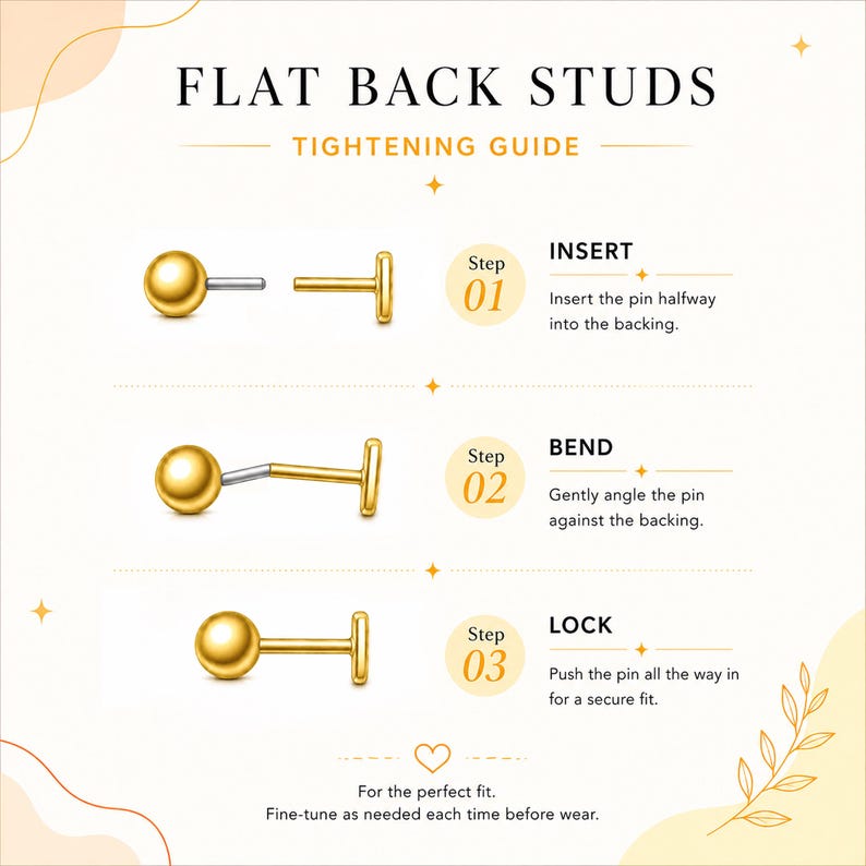 May include: An instructional graphic titled FLAT BACK STUDS TIGHTENING GUIDE. It shows three steps: Step 01 Insert, showing a gold ball stud and flat backing; Step 02 Bend, showing the pin angled; and Step 03 Lock, showing the pin fully inserted.