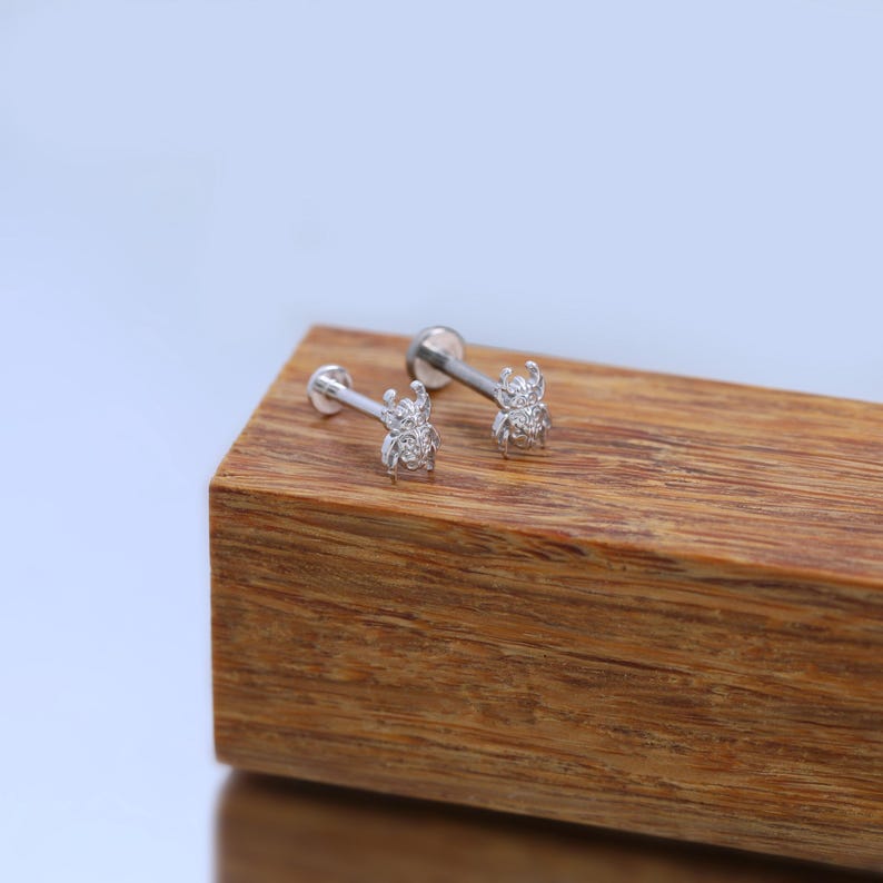 May include: A pair of silver-toned metal stud earrings featuring a detailed beetle-shaped design. Each earring has a straight post and a flat circular backing, showcasing a textured insect motif with visible legs and antennae on the front face.