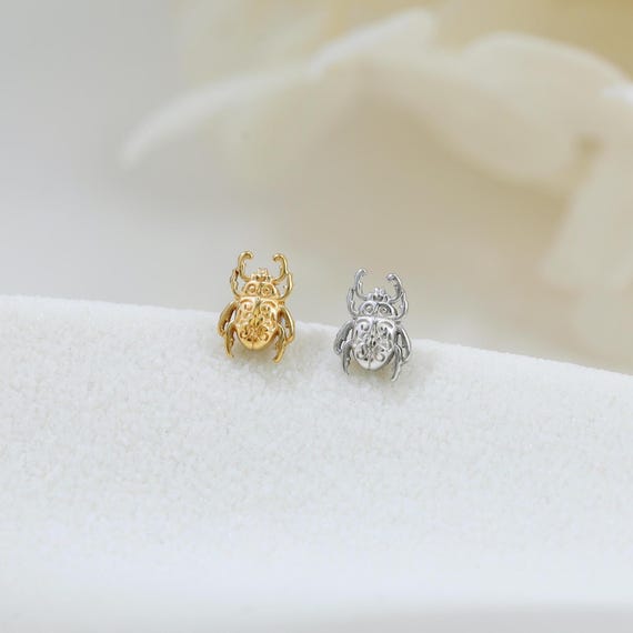 Sterling Silver Stag Beetles Helix Cartilage Push Back, Textured Internally Threaded Flat Back Piercing