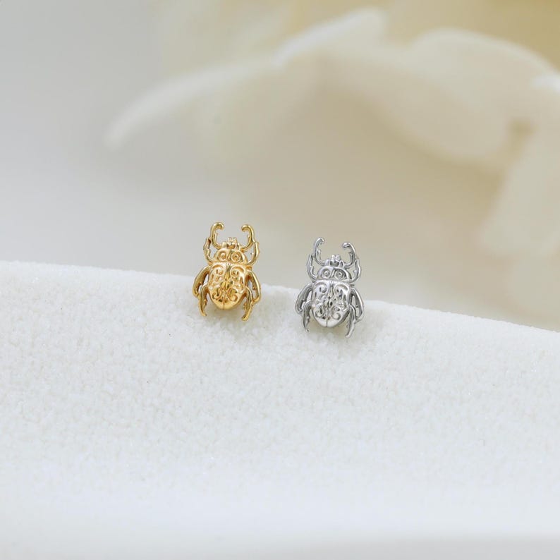 Sterling Silver Stag Beetles Helix Cartilage Push Back Internally Threaded Flat Back Piercing By TinyRadiant image 1