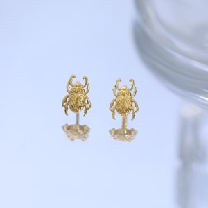 May include: A pair of gold-toned stud earrings shaped like beetles. Each earring features a detailed, textured surface with intricate swirling patterns on the back of the insect. The earrings are positioned upright, showing the head, legs, and body.