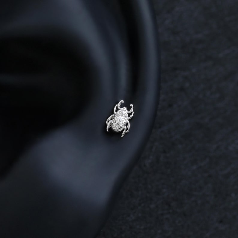 May include: A silver-toned stud earring shaped like a beetle. The insect design features intricate, embossed filigree patterns across its back, head, and legs. The metallic surface has a polished finish, highlighting the detailed texture of the beetle.