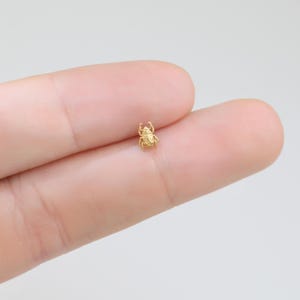 May include: A small, gold-colored beetle-shaped stud earring or charm. The piece features a detailed, textured surface with visible legs and a rounded body, showcasing a metallic finish that reflects light. The object is tiny in scale.
