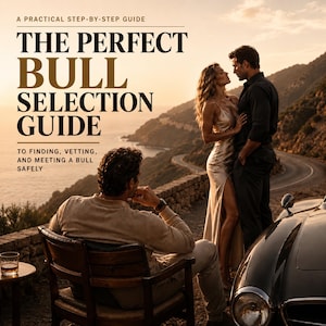 May include: Image of a book cover titled "THE PERFECT BULL SELECTION GUIDE" with text "A PRACTICAL STEP-BY-STEP GUIDE" and "TO FINDING, VETTING, AND MEETING A BULL SAFELY". The image shows a couple embracing and a man sitting in a chair.