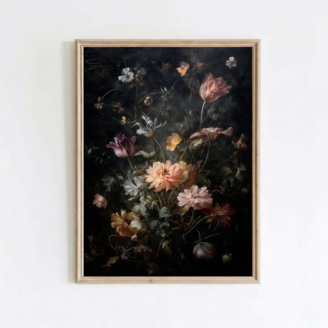 Vintage Dark Floral Oil Painting Printable Wall Art | Moody Botanical ...