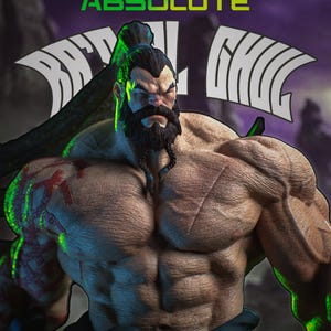 Puede incluir: Estatua detallada de un personaje musculoso con expresión severa. La figura tiene una larga barba trenzada y un peinado de moño. El texto "ABSOLUTE" se muestra en verde, y las palabras "FANDOM COLLECTIBLES PRESENTS" están en la parte superior.