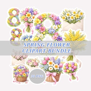 Puede incluir: Una colección de imágenes prediseñadas de flores de primavera en acuarela, que incluyen ramos, arreglos florales y coronas. La imagen presenta el texto "SPRING FLOWER CLIPART BUNDLE" y "30 PNG". Las flores son de varios colores.