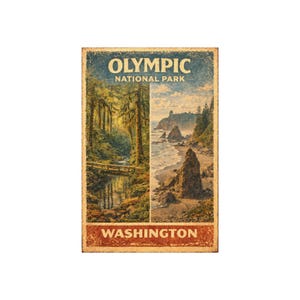 Könnte beinhalten: Vintage Holzschild mit einer geteilten Darstellung des Olympic National Park. Die linke Seite zeigt eine Waldszene mit Brücke, die rechte eine Küstenlandschaft. Der Text "OLYMPIC NATIONAL PARK" und "WASHINGTON" ist auf dem Schild zu sehen.