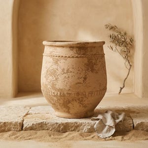 May include: A large, round, tan terracotta planter with a weathered, textured surface. The vessel features a decorative rope-like band near the top rim and a geometric, rectangular pattern embossed around the lower section of the body.