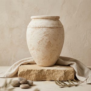 Può includere: Un vaso in ceramica beige testurizzato con un corpo largo e arrotondato e un collo stretto. La parte superiore del vaso presenta una fascia orizzontale decorativa con rientranze verticali. La superficie ha una finitura opaca e usurata.
