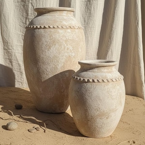 Puede incluir: Dos jarrones de cerámica beige con superficies texturizadas y bordes festoneados decorativos. El jarrón más alto es esbelto, mientras que el más pequeño es más redondeado. Los jarrones se exhiben sobre una superficie arenosa con un fondo de tela neutra.