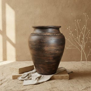 Könnte beinhalten: Eine große, dunkelbraune, bauchige Keramikvase mit einem breiten, ausgestellten Rand und einer texturierten, verwitterten Oberfläche. Die Vase weist ein dezentes, erhabenes Perlendetail um den Hals auf und zeigt eine tiefe, erdige Farbpalette.
