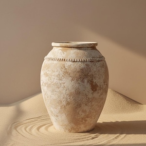 Op de afbeelding: Een grote, verweerde terracotta vaas met een brede body en een smalle hals. De vaas heeft een getextureerd, verouderd uiterlijk met een lichtbruin en gebroken wit kleurenpalet. Het ontwerp bevat een decoratieve band.