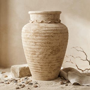 Könnte beinhalten: Eine große, beige, texturierte Terrakotta-Vase mit einem breiten, ausgestellten Rand und einem dekorativen Wellenrand um den Hals. Der Körper des Gefäßes weist horizontale Rillen und eine verwitterte, fleckige Oberfläche auf.