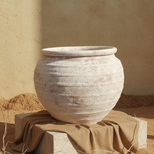 Könnte beinhalten: Großer, cremefarbener, strukturierter Keramiktopf mit breitem Rand, auf einem Betonblock mit beigem Stoff drapiert. Der Topf hat eine runde Form und steht auf sandigem Untergrund, mit neutralfarbenem Hintergrund.