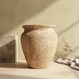 Pode incluir: Um vaso de terracota bege com um corpo largo e arredondado e uma borda espessa e alargada. A superfície apresenta uma textura desgastada e manchada com faixas horizontais de padrões em relevo subtis e repetitivos ao redor do corpo.