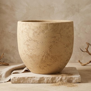 May include: A large, round, beige planter with a textured, weathered surface. The pot features a wide, open top and a tapered base, showcasing a matte finish with subtle variations in color and depth across its exterior surface.